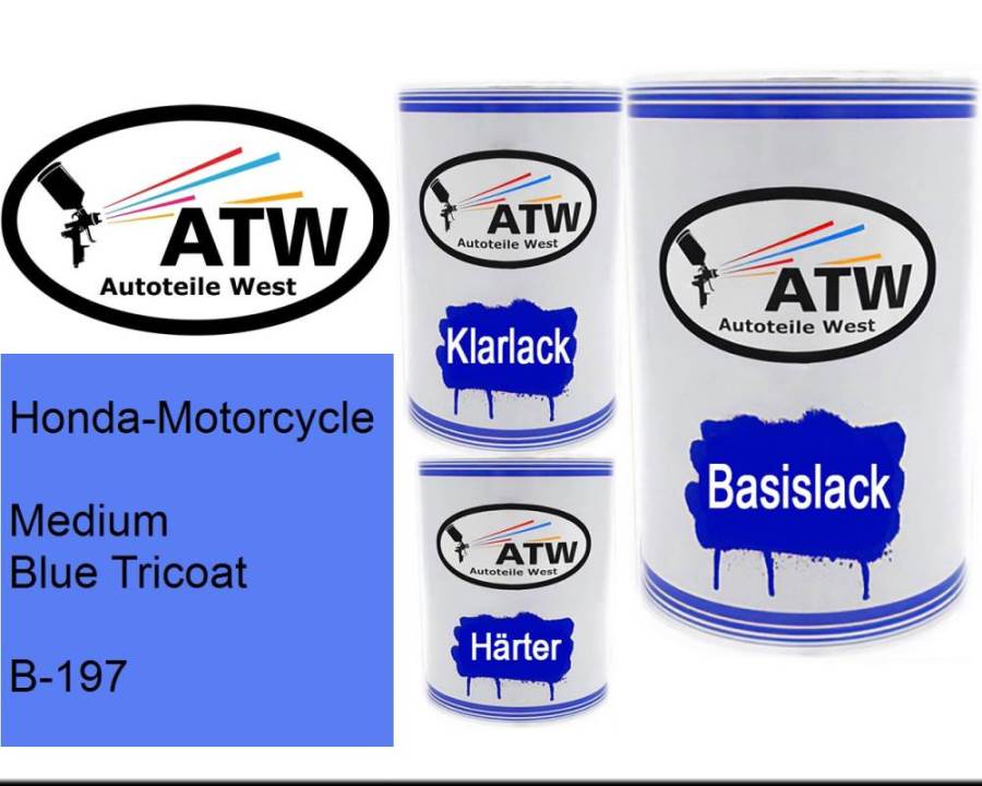 Honda-Motorcycle, Medium Blue Tricoat, B-197: 500ml Lackdose + 500ml Klarlack + 250ml Härter - Set, von ATW Autoteile West.